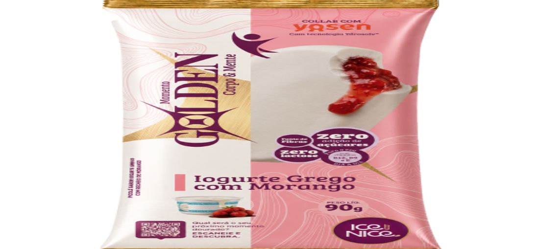O picolé integra a linha premium Golden da fabricante, no sabor iogurte grego com geleia de morango, e é fortificado com vitaminas B9, B12 e E | Créditos: Divulgação